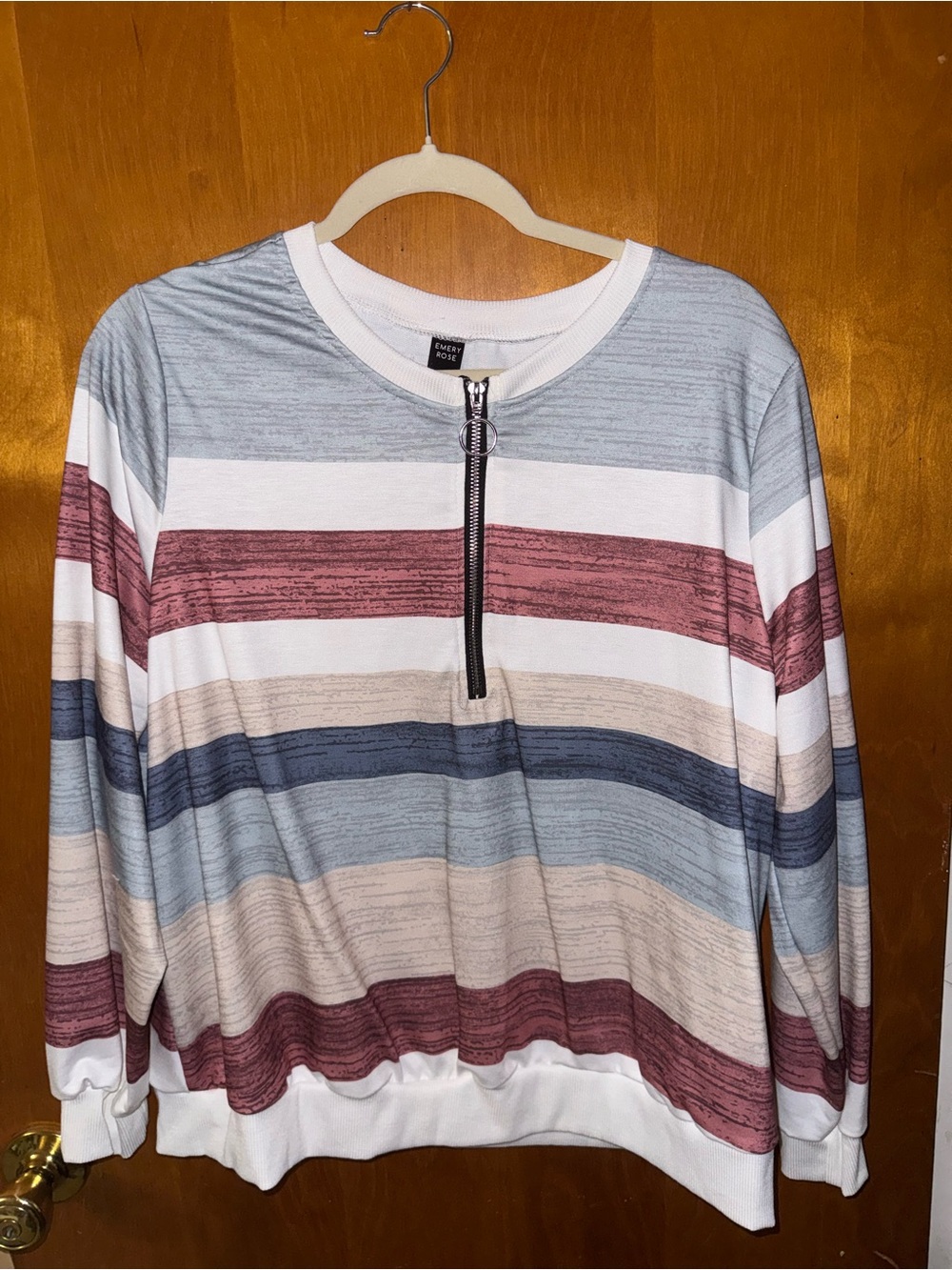 Women’s Striped Half-Zip Sweatshirt in Dusty Blue & Mauve
